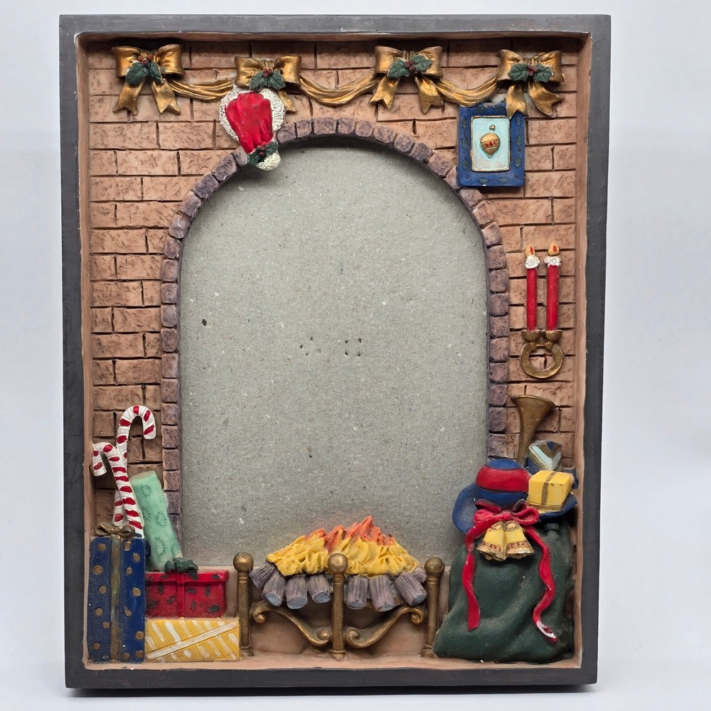 Christmas Fireplace 3D Resin Picture Frame Holiday Hearth Decor Grannycore